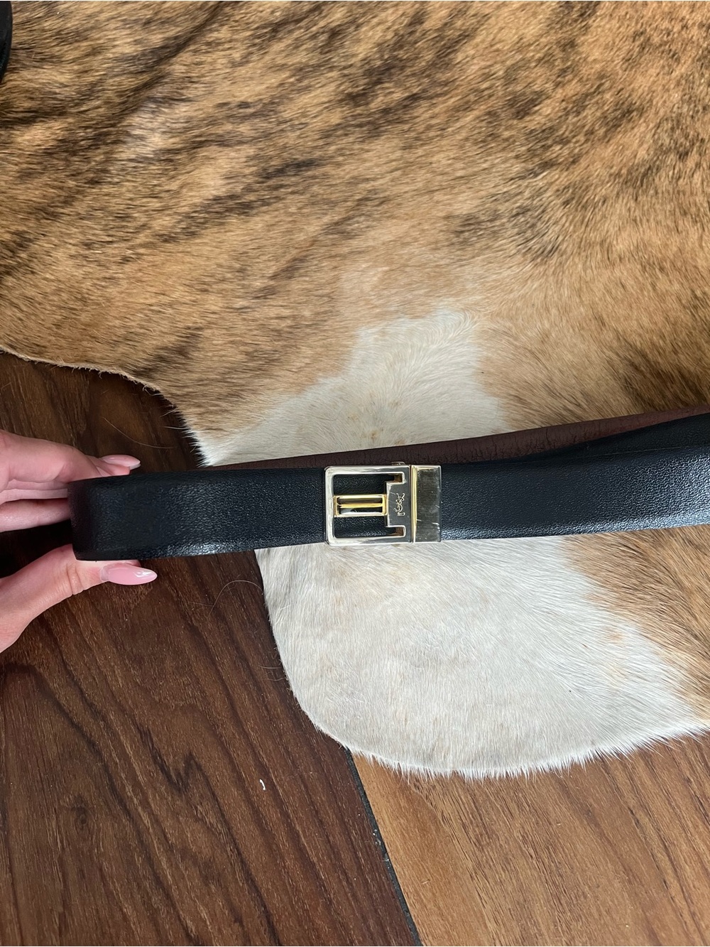 Yves Saint Laurent Black Leather Belt with Gold-Tone Logo Buckle